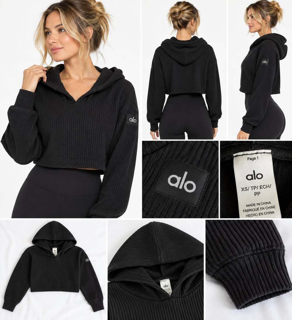 Alo Yoga Muse Hoodie Size XS Black Ribbed Cropped Pullover